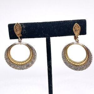 Vintage ART Arthur Pepper Earrings Signed Damascene Style 2 Tone Clip Dangle